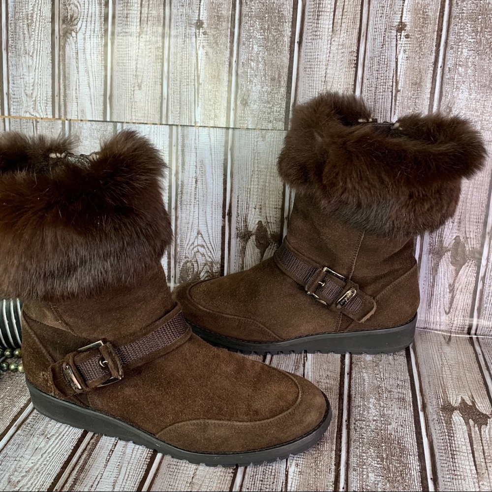 STUART WEITZMAN Luxury Warm Winter Fur Cuffed Chocolate Suede Flat Boots, 7 - Picture 13 of 16